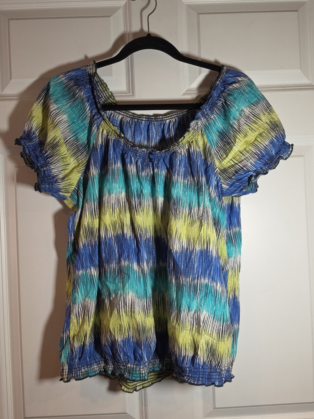 Women’s Blue Teal Yellow Short Sleeve Cotton Blouse